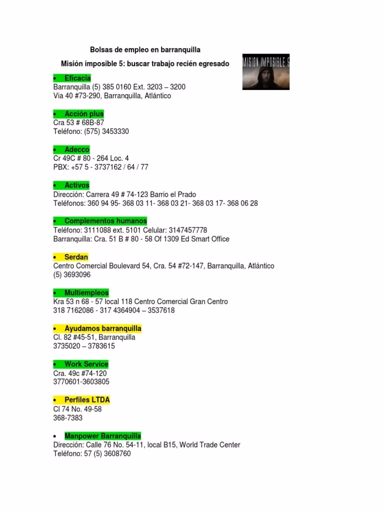 ¿Cuál es la dirección de la bolsa de empleo temporal en Barranquilla?