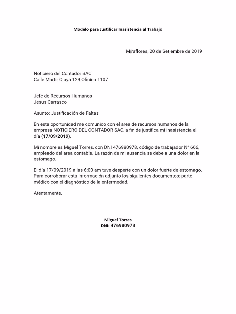 ¿Qué documento se utiliza para justificar una falta en el trabajo?