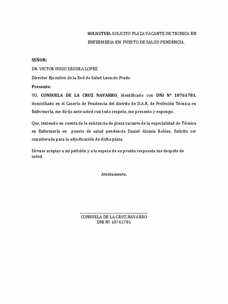 ¿Cuál es un ejemplo de una carta de solicitud para un puesto de enfermera?