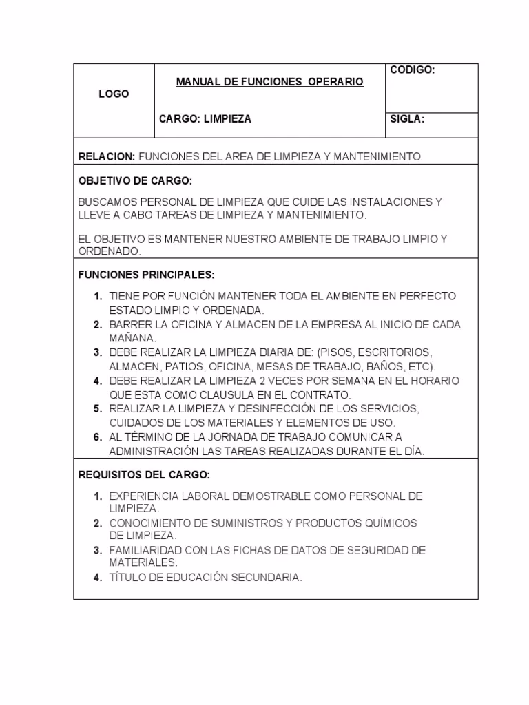 ¿Cuáles son los deberes y responsabilidades del personal de limpieza?