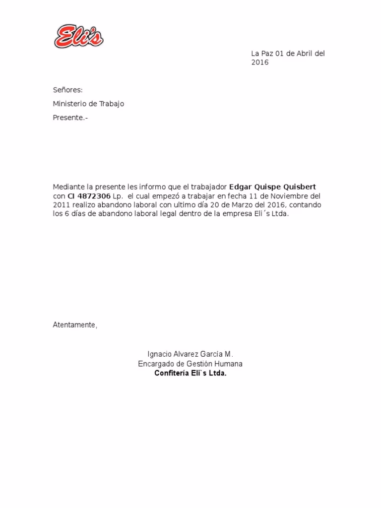 ¿Cuál es un ejemplo de carta de abandono?