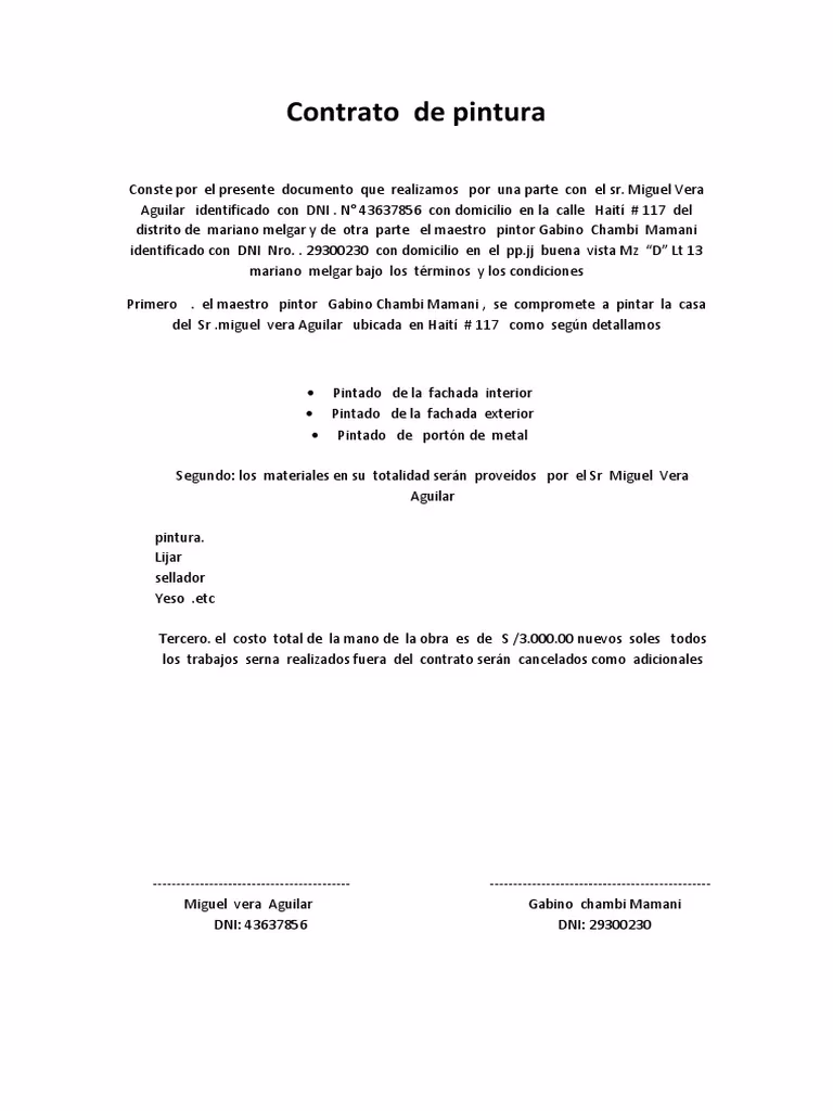 ¿Qué debe contener un contrato de pintura?