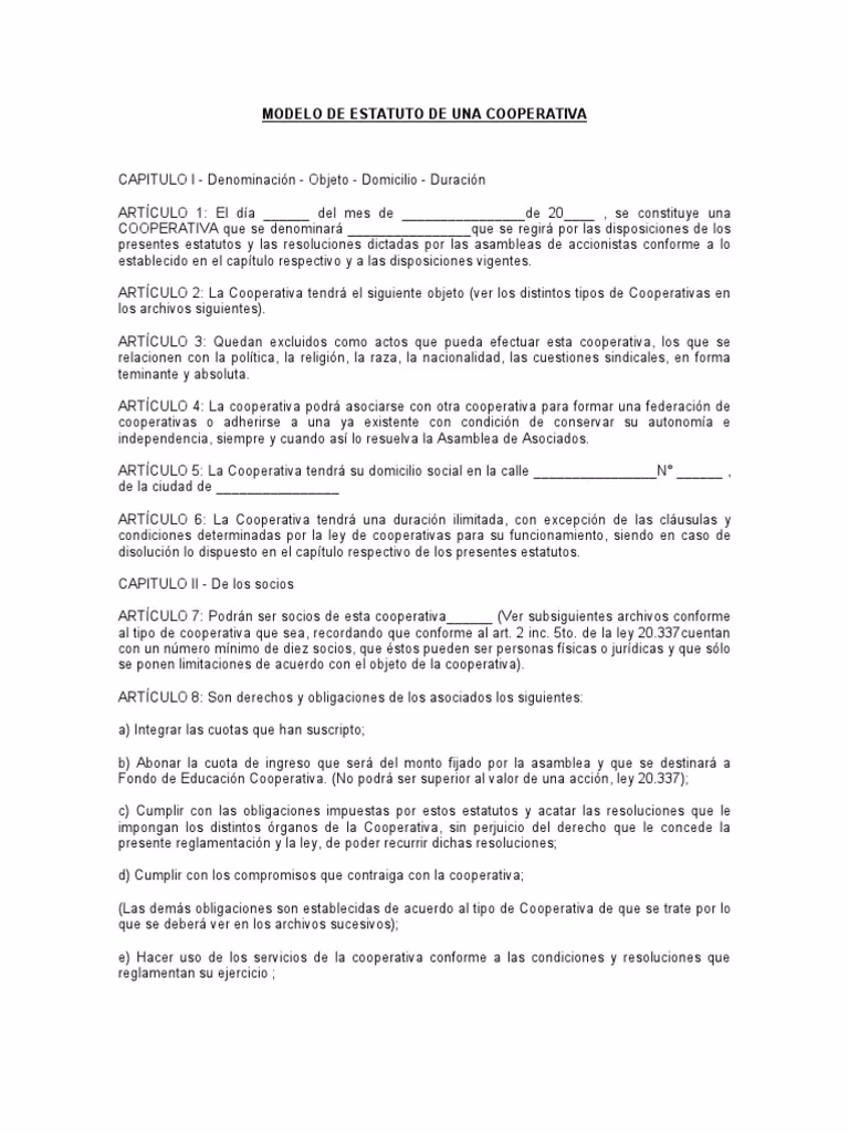 ¿Qué debe contener el estatuto de una cooperativa?